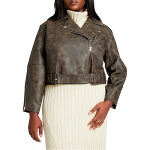 NEW Eloquii Women's Plus Size Patina Moto Jacket Brown 14-16 Faux Leather Belted